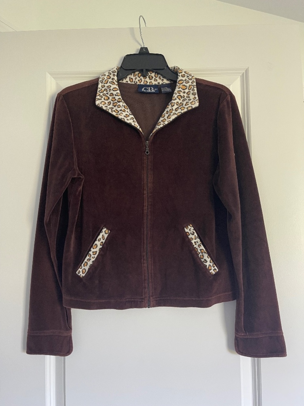 C.B. Casual Brown Jacket With Leopard Print Trim On Collar, Pockets, Sleeves